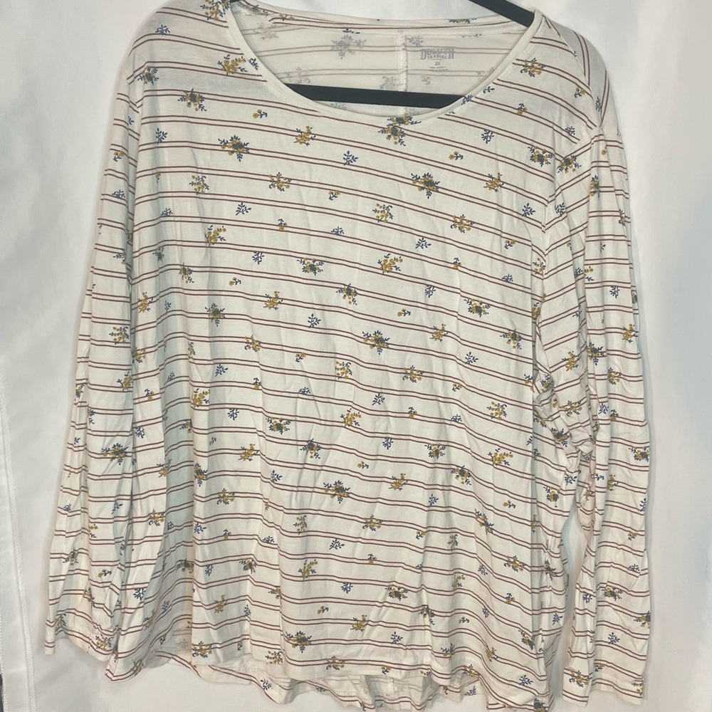 Duluth Trading Co Cream Floral Striped Long Sleeve Top